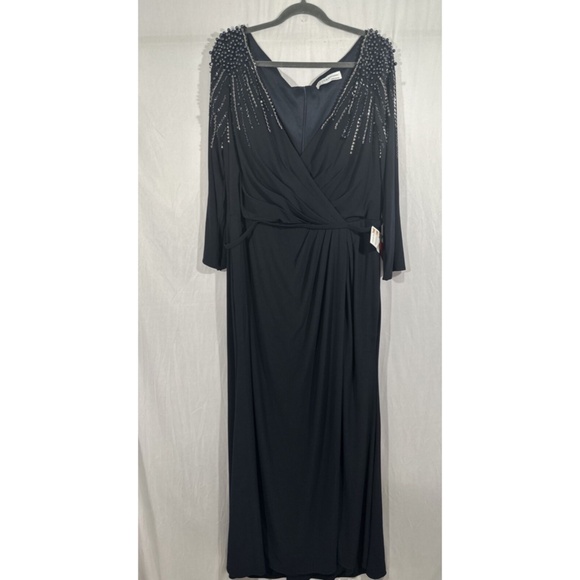 NWT $398 Mac Duggal [ 18 ] Embellished Accents‎ Faux Wrap Jersey Gown Blue - Picture 8 of 15